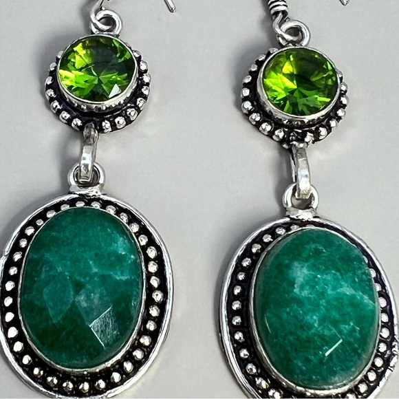 New Faceted Enhanced Green Emerald Stone and Sim Peridot Silver Overlay Earrings - Picture 5 of 7